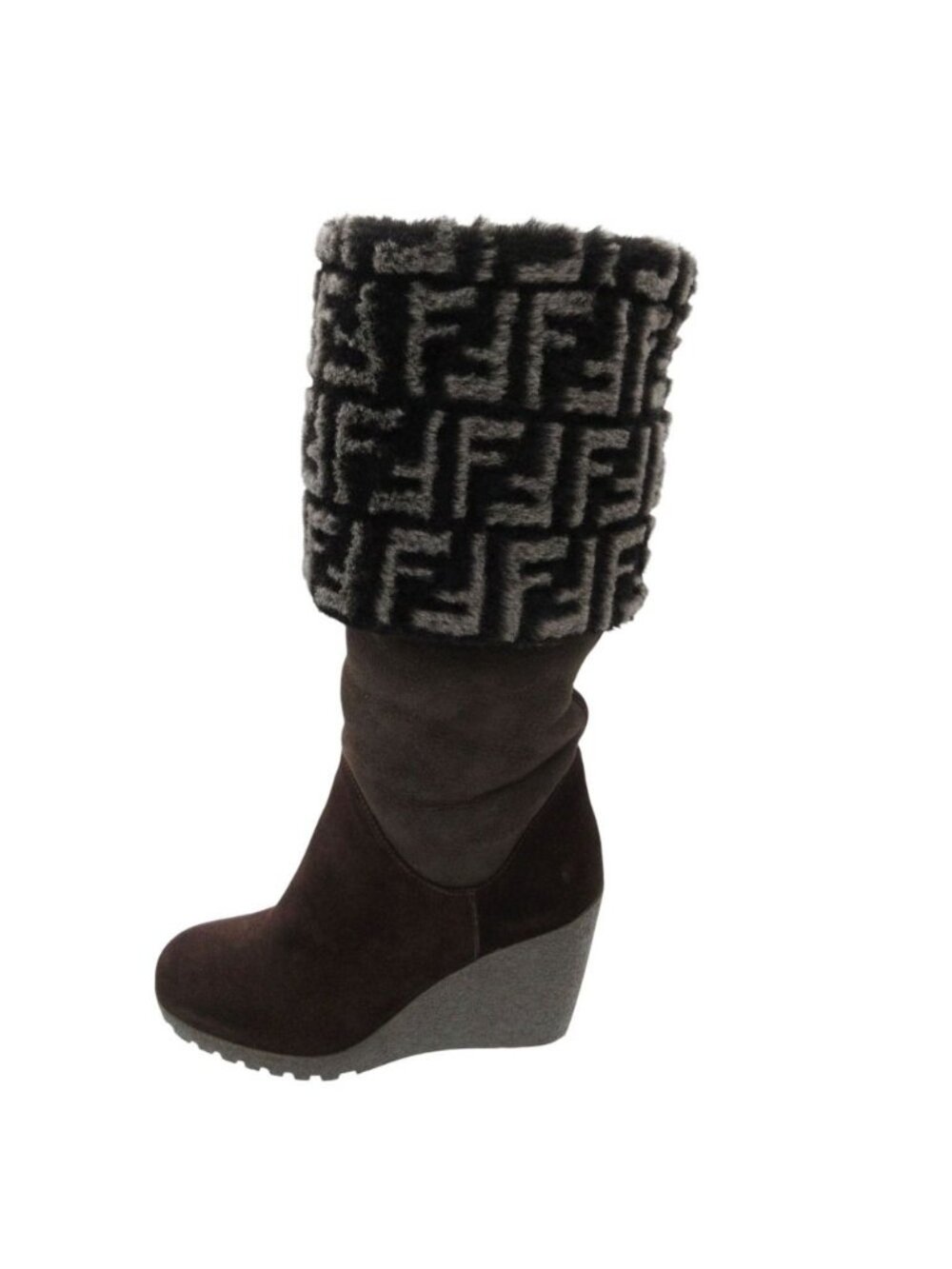 Fendi Boots Shearling Long Wedge Sole Zucca Pattern Shoes Brown Black